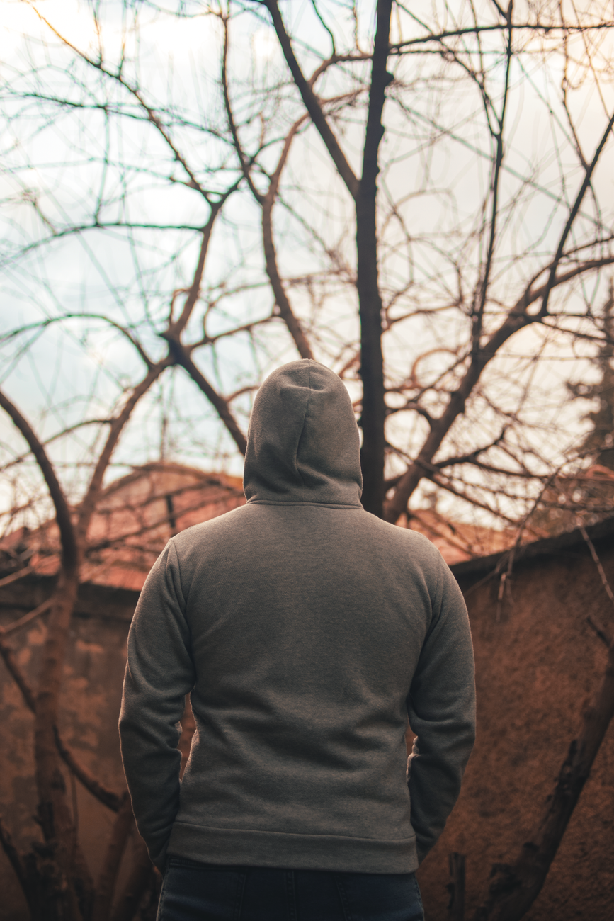 Individual wearing a gray hoodie stands outdoors, surrounded by bare trees in a winter setting.